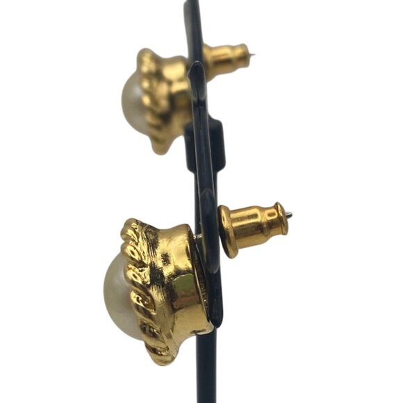 KJL Kenneth J Lane Gold Tone Faux Pearl Stud Earrings Rope Twist Domed Vintage - Picture 10 of 11